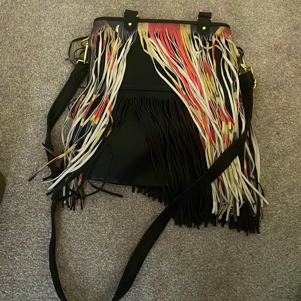 Black leather with colored tassels hand bag long strap.